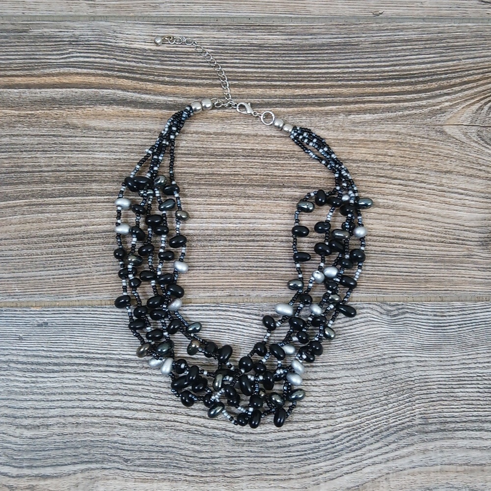 Layered Black Silver Beaded Necklace Choker